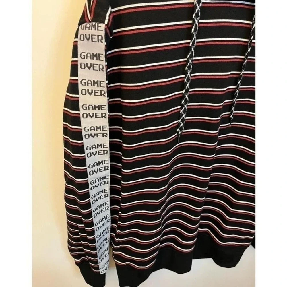 NWOT Rebel Star Strip Cotton‎ Blend Hooded Sweatshirt M GAME OVER AOP on Sleeves
